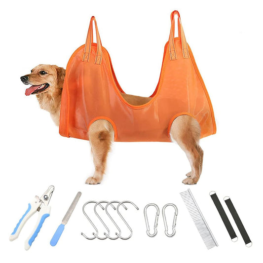 Dog Grooming Hammock Harness for Dog, 12 in 1 Durable Dog Hammock, Breathable Pet Grooming Hammock Helper for Grooming, Hair/Ear/Eye/Teeth Care, Nail Trimming,Orange,L